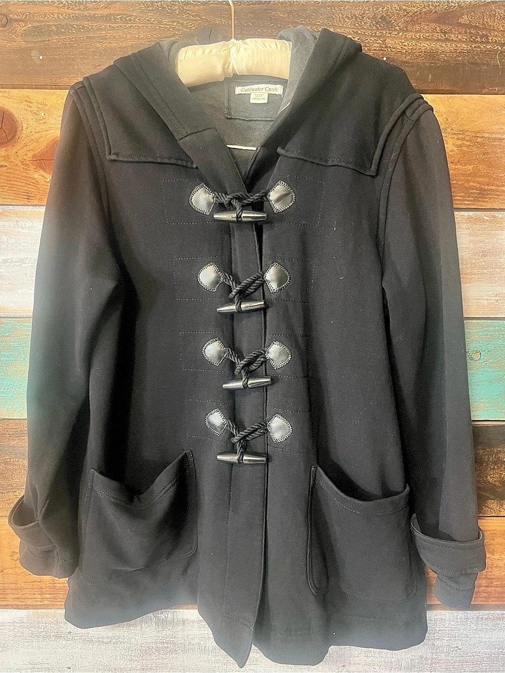Coldwater Creek Black Toggle Hooded Coat Size Petite Medium Like New